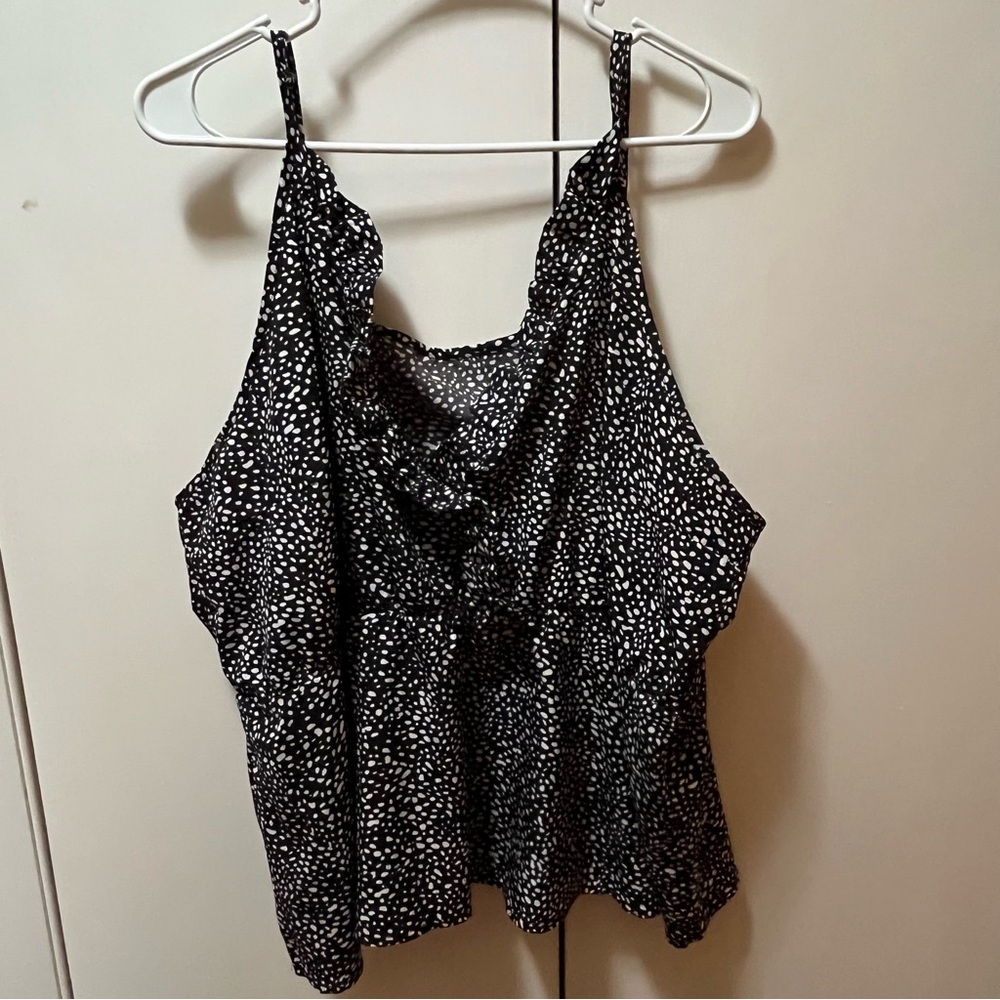 Black and Cream Dot Women's Vneck Top with Ruffle Neck Line